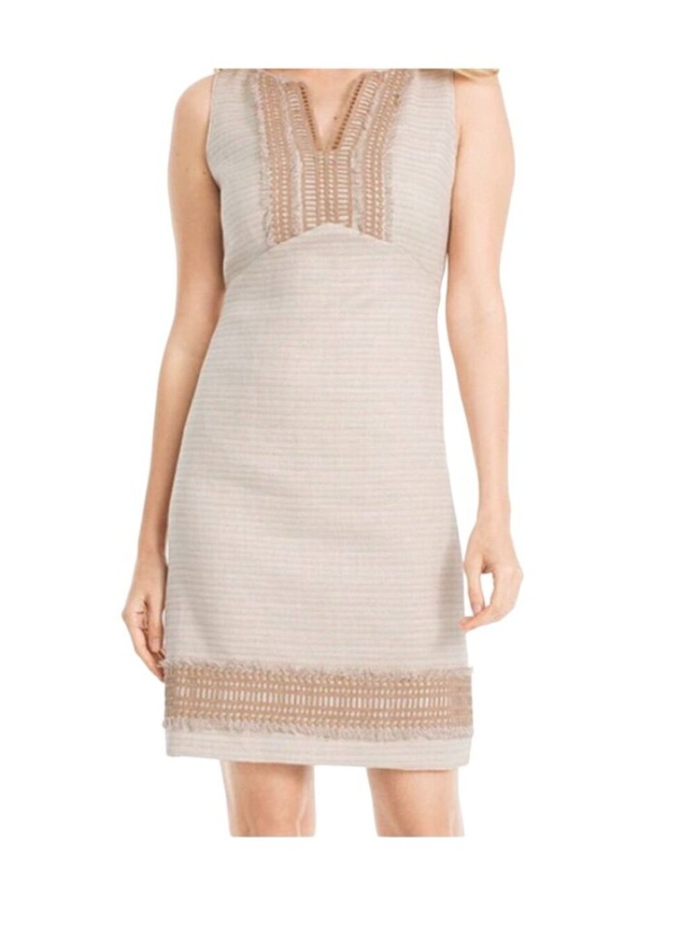 White House Black Market dress linen Womens embellished fringe beige size 14